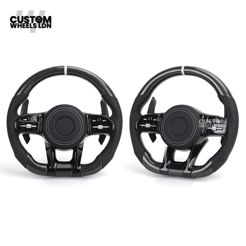 Mercedes Custom AMG Steering Wheel Carbon Fibre & Piano Black | White Stitching | AMG Style | Paddle Shifters | Complete Retrofit | Fits W205, W176, W213, A-Class, C-Class, CLA + more