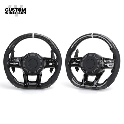 Mercedes Custom AMG Steering Wheel Carbon Fibre & Piano Black | White Stitching | AMG Style | Paddle Shifters | Complete Retrofit | Fits W205, W176, W213, A-Class, C-Class, CLA + more