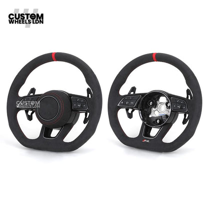 Audi Custom B9 Flat Bottom Steering Wheel – Alcantara Grip, Red Stitching, Red Centre Stripe, Black Paddles, RS3 Badge | Fits A3, S3, RS3, A4, S4, A5, S5, Q5, SQ5 + more | Plug & Play | With Airbag | Upgrade for Older Models Available