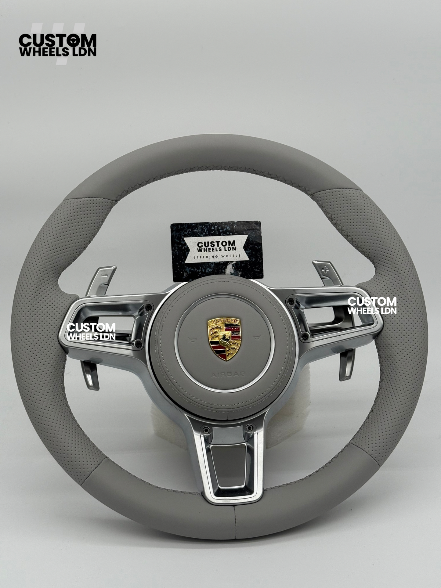 Porsche Custom OEM Round Steering Wheel – Full Grey Leather, Perforated Grips, Silver Trims, OEM Paddles | Fits 997.1, 997.2, 991.1, 981, 718 Cayman/Boxster, Panamera, Cayenne + more | Plug & Play | Upgrade for Older Models Available