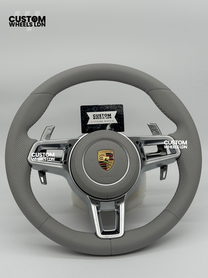 Porsche Custom OEM Round Steering Wheel – Full Grey Leather, Perforated Grips, Silver Trims, OEM Paddles | Fits 997.1, 997.2, 991.1, 981, 718 Cayman/Boxster, Panamera, Cayenne + more | Plug & Play | Upgrade for Older Models Available