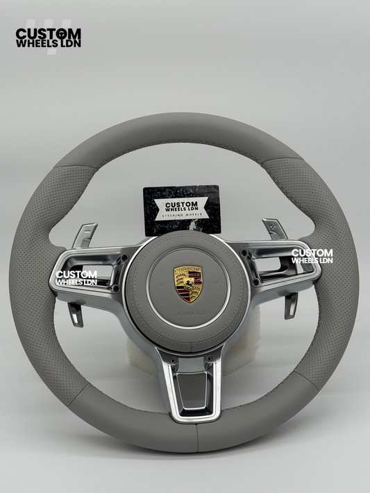Porsche Custom OEM Round Steering Wheel – Full Grey Leather, Perforated Grips, Silver Trims, OEM Paddles | Fits 997.1, 997.2, 991.1, 981, 718 Cayman/Boxster, Panamera, Cayenne + more | Plug & Play | Upgrade for Older Models Available