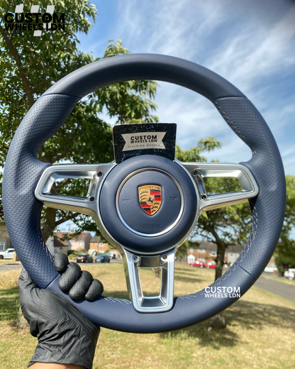 Porsche Custom Steering Wheel – Navy Leather with Chrome Trim + Long Silver Paddles (Fits 2000+ | Tiptronic / PDK)