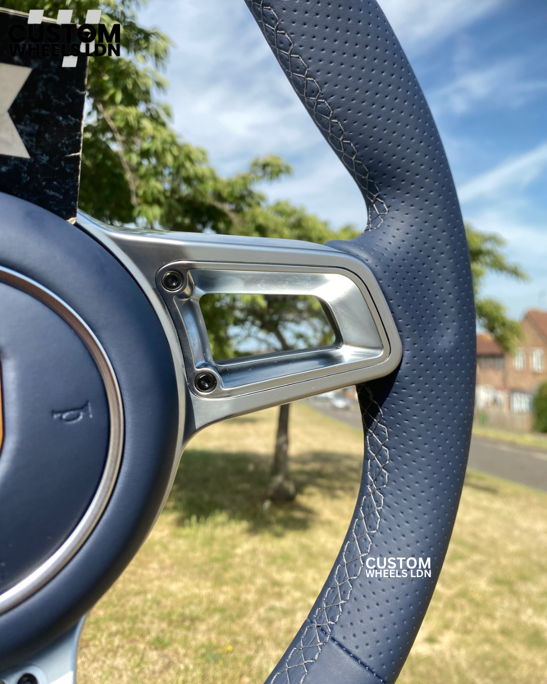 Porsche Custom Steering Wheel – Navy Leather with Chrome Trim + Long Silver Paddles (Fits 2000+ | Tiptronic / PDK)