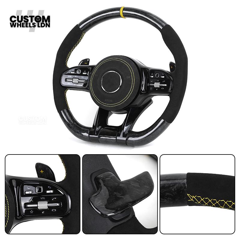Mercedes Custom AMG Steering Wheel Alcantara & Forged Carbon | Yellow Stitching & Stripe | AMG Edition 1 | Paddle Shifters | Complete Retrofit | Fits GLC, GLE, CLS, E-Class, C-Class, W205, W213 + more