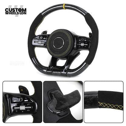 Mercedes Custom AMG Steering Wheel Alcantara & Forged Carbon | Yellow Stitching & Stripe | AMG Edition 1 | Paddle Shifters | Complete Retrofit | Fits GLC, GLE, CLS, E-Class, C-Class, W205, W213 + more