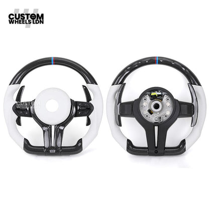 BMW Custom Carbon Fibre Steering Wheel – White Perforated Leather | M-Stripe Marker | Plug & Play | Fits older models