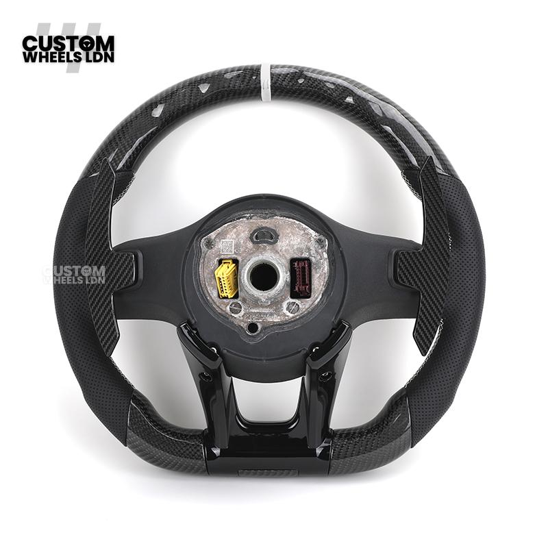 Mercedes Custom AMG Steering Wheel Carbon Fibre & Piano Black | White Stitching | AMG Style | Paddle Shifters | Complete Retrofit | Fits W205, W176, W213, A-Class, C-Class, CLA + more