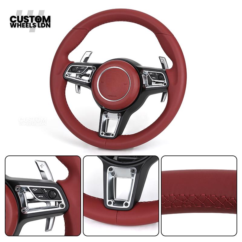 Porsche Custom Steering Wheel – Full Red Leather with Chrome Trim | Fits 997, 991, Panamera, Cayenne, Cayman (2000+ Plug & Play)