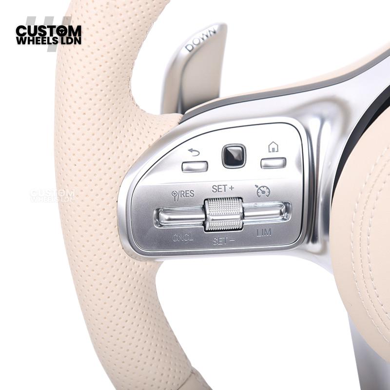 Mercedes Custom AMG Flat Bottom Steering Wheel – Cream Leather, Cream Stripe, Silver Trim, Touch Control Buttons, Silver Paddles | Fits C-Class, E-Class, CLS, GLC, GLE, G-Class + more | Plug & Play | Retrofit Upgrade for Older Models