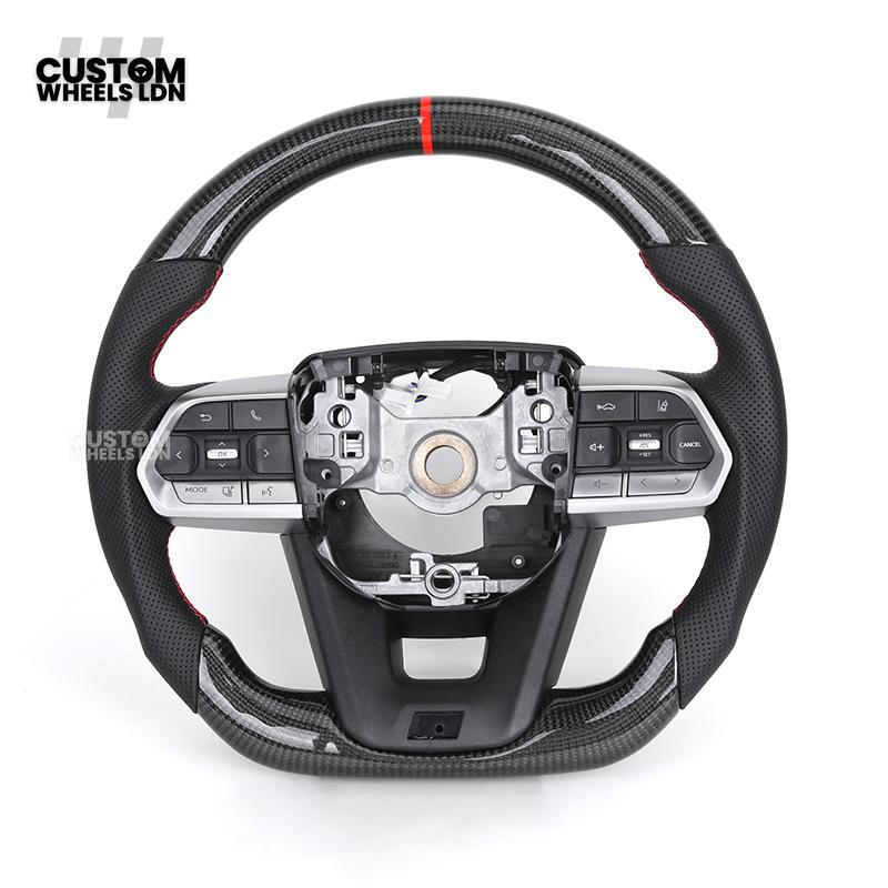 Toyota Custom GR Steering Wheel – Carbon Fiber, Flat Bottom, Red Center Stripe, Perforated Grips | Fits Yaris GR, Corolla GR + More | Plug & Play | Sporty Upgrade with Paddle Cutouts | Track-Inspired Retrofit