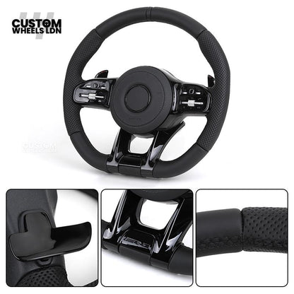 rcedes Custom AMG Flat Bottom Steering Wheel – Full Black Leather, Piano Black Trim, Touch Control Buttons, AMG Badge | Fits C-Class, E-Class, CLS, GLC, GLE, G-Class + more | Plug & Play | Retrofit Upgrade for Older Models
