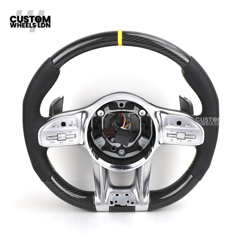 Mercedes Custom AMG Steering Wheel Carbon & Black Leather | Yellow Racing Stripe | AMG Style | Paddle Shifters | Complete Retrofit | Fits A-Class, C-Class, E-Class, GLC, CLA, W176, W205 + more