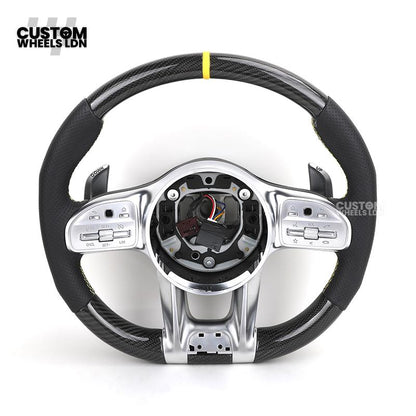 Mercedes Custom AMG Steering Wheel Carbon & Black Leather | Yellow Racing Stripe | AMG Style | Paddle Shifters | Complete Retrofit | Fits A-Class, C-Class, E-Class, GLC, CLA, W176, W205 + more