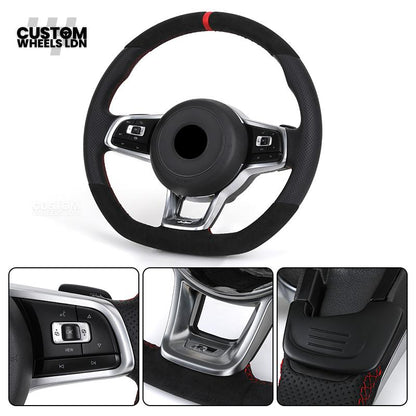 Volkswagen Custom Steering Wheel – Alcantara Top & Bottom, Perforated Leather Grips, Red Stripe, Flat Bottom, OEM Buttons | Fits Golf MK7/7.5, GTI, R, Polo + more | Plug & Play Upgrade