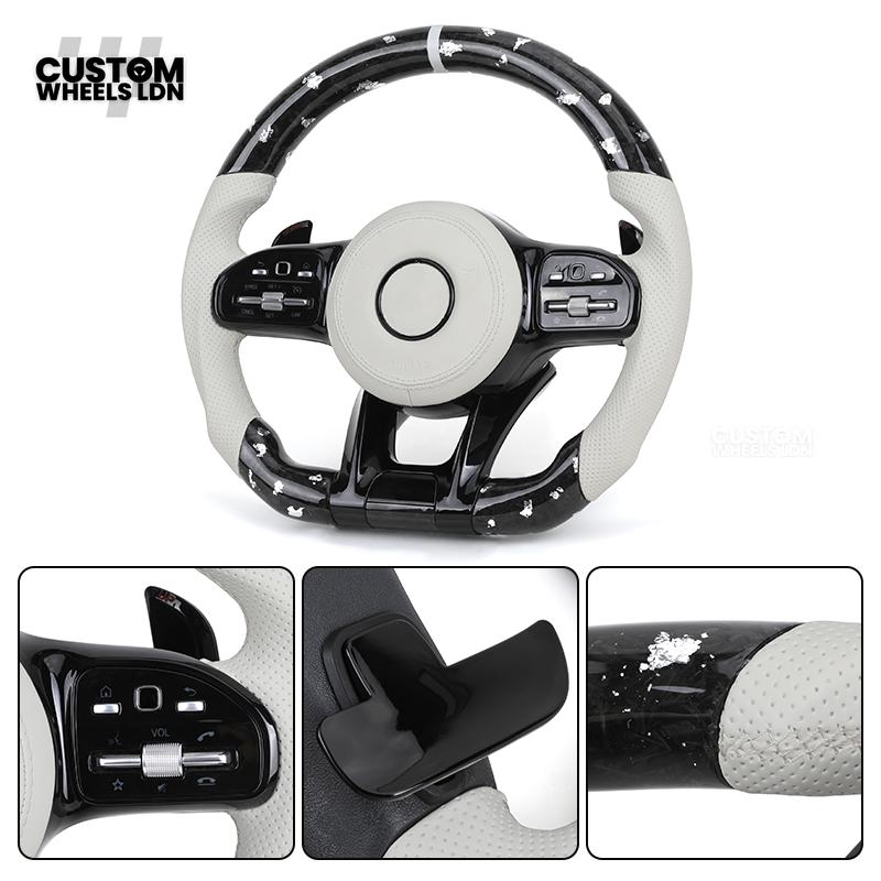 Mercedes Custom AMG Flat Bottom Steering Wheel – White Leather & White Flake Forged Carbon, White Stripe, Black Trim, Touch Control Buttons, AMG Badge | Fits C-Class, E-Class, CLS, GLC, GLE, G-Class + more | Plug & Play | Retrofit Upgrade for Older Models