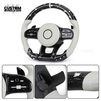 Mercedes Custom AMG Flat Bottom Steering Wheel – White Leather & White Flake Forged Carbon, White Stripe, Black Trim, Touch Control Buttons, AMG Badge | Fits C-Class, E-Class, CLS, GLC, GLE, G-Class + more | Plug & Play | Retrofit Upgrade for Older Models