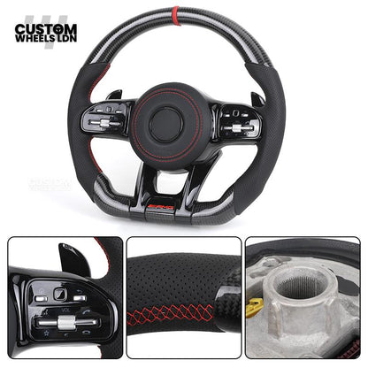 Mercedes Custom Steering Wheel | AMG Style Carbon with Red Stitching & Stripe | Black Trim + Red AMG Badge | Complete Retrofit for Older Models | Fits W205 W204 W212 W213 W218 W207 + more