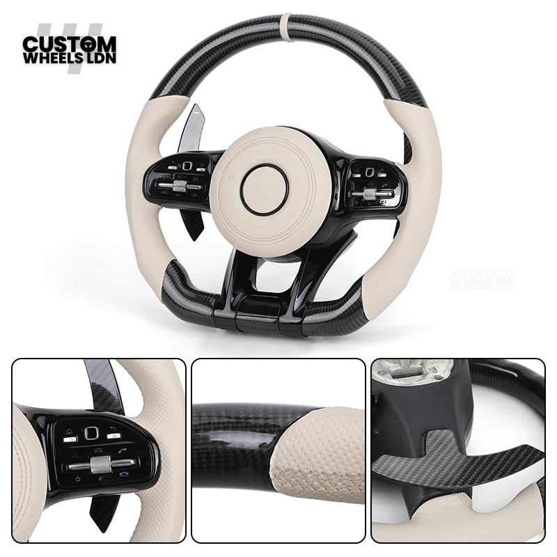 Mercedes Custom Steering Wheel | Piano Black & Carbon Fibre with Cream Leather & Beige Stripe | AMG Style | Complete Retrofit | Fits W205 W204 W212 W213 W218 + more