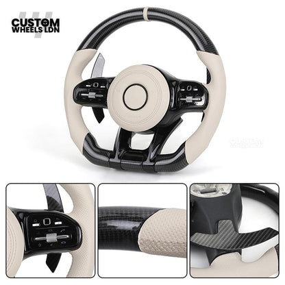 Mercedes Custom Steering Wheel | Piano Black & Carbon Fibre with Cream Leather & Beige Stripe | AMG Style | Complete Retrofit | Fits W205 W204 W212 W213 W218 + more