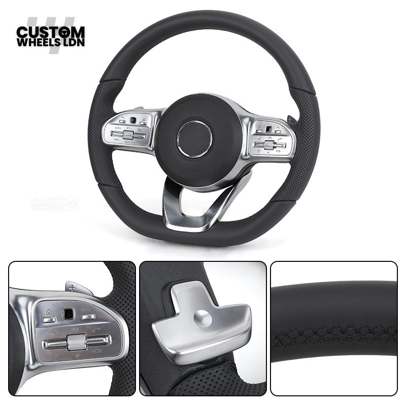 Mercedes Custom Steering Wheel – Satin Silver Spokes, Perforated Leather Grip, Flat Bottom Design | Complete Wheel with Airbag | Plug & Play | Retrofit for Older Models | Fits C-Class, E-Class, GLC, W205, W213, CLA + more