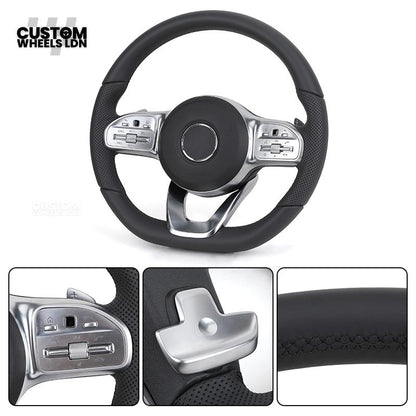 Mercedes Custom Steering Wheel – Satin Silver Spokes, Perforated Leather Grip, Flat Bottom Design | Complete Wheel with Airbag | Plug & Play | Retrofit for Older Models | Fits C-Class, E-Class, GLC, W205, W213, CLA + more