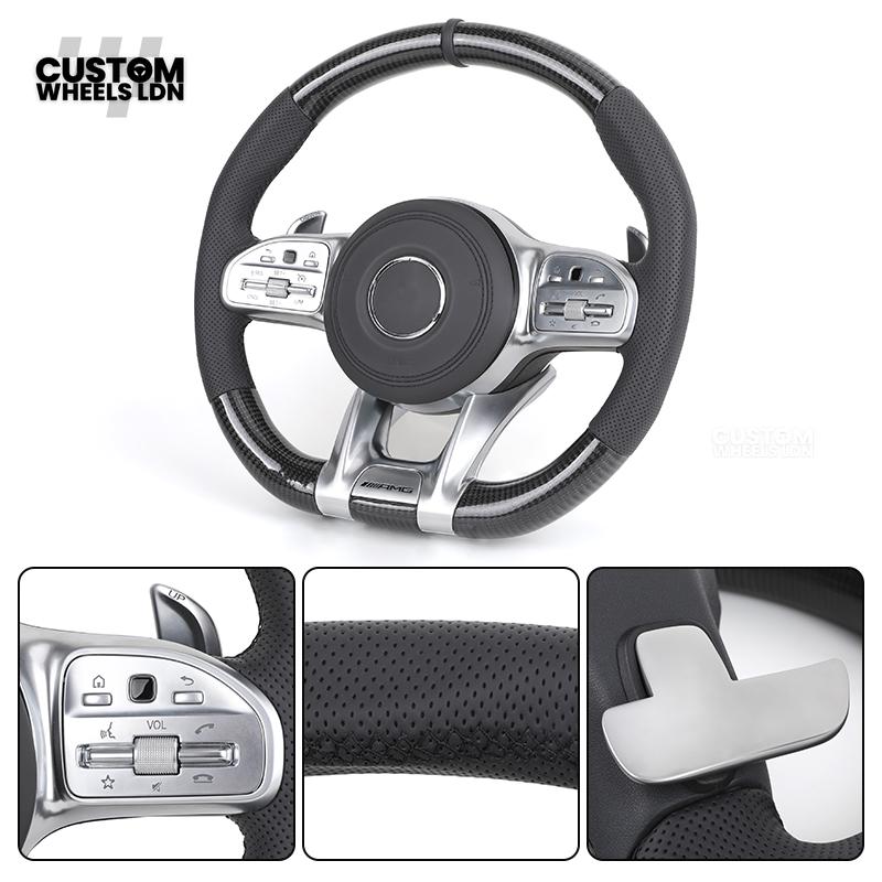 Mercedes Custom Steering Wheel | AMG Style Carbon & Leather | Full Black with Silver Trim | Complete Retrofit for Older Models | Fits W204 W212 W218 + more
