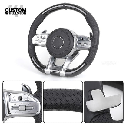 Mercedes Custom Steering Wheel | AMG Style Carbon & Leather | Full Black with Silver Trim | Complete Retrofit for Older Models | Fits W204 W212 W218 + more