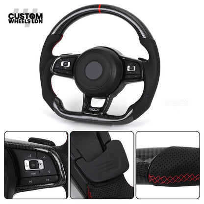 Volkswagen MK7 Custom Steering Wheel – Carbon Fibre with Red Centre Stripe, Perforated Leather Grips | Fits Golf GTI, R, Scirocco + more | Plug & Play