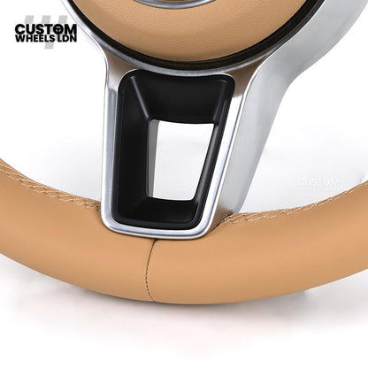 Porsche Custom Steering Wheel – Beige Leather with Chrome Trim | Fits 997, 991, Panamera, Cayenne, Cayman (2000+ Plug & Play)