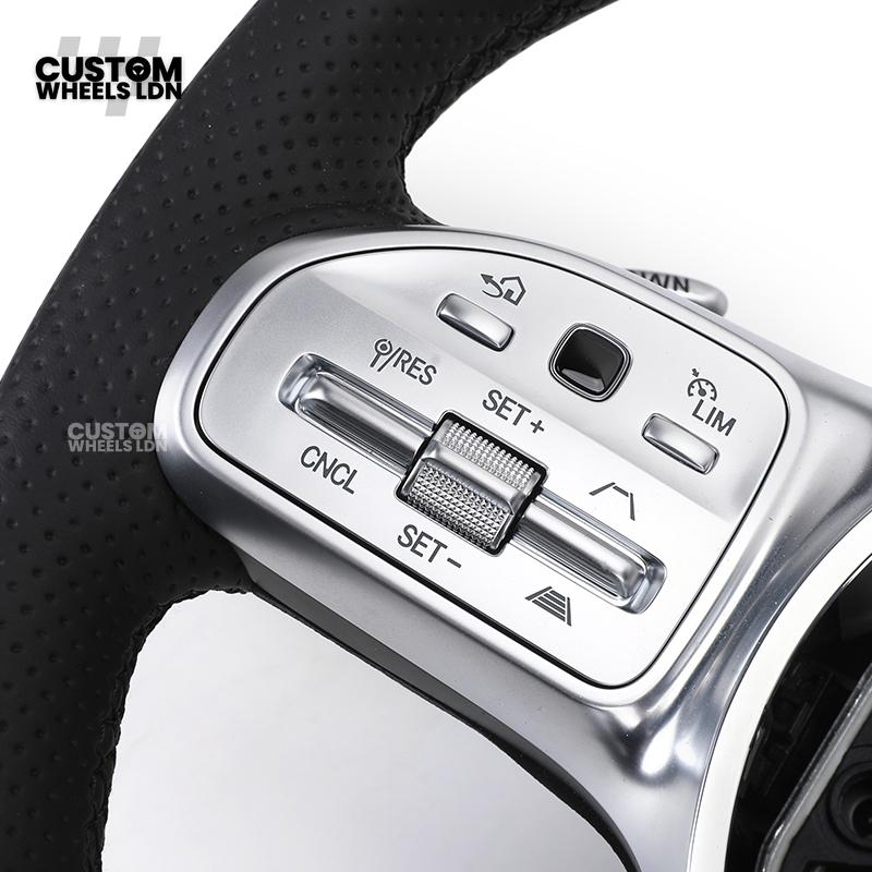 Mercedes Custom AMG Flat Bottom Steering Wheel – Full Black Leather, Black Stripe, Silver Trim, Touch Control Buttons, Silver Paddles, AMG Badge | Fits C-Class, E-Class, CLS, GLC, GLE, G-Class + more | Plug & Play | Retrofit Upgrade for Older Models