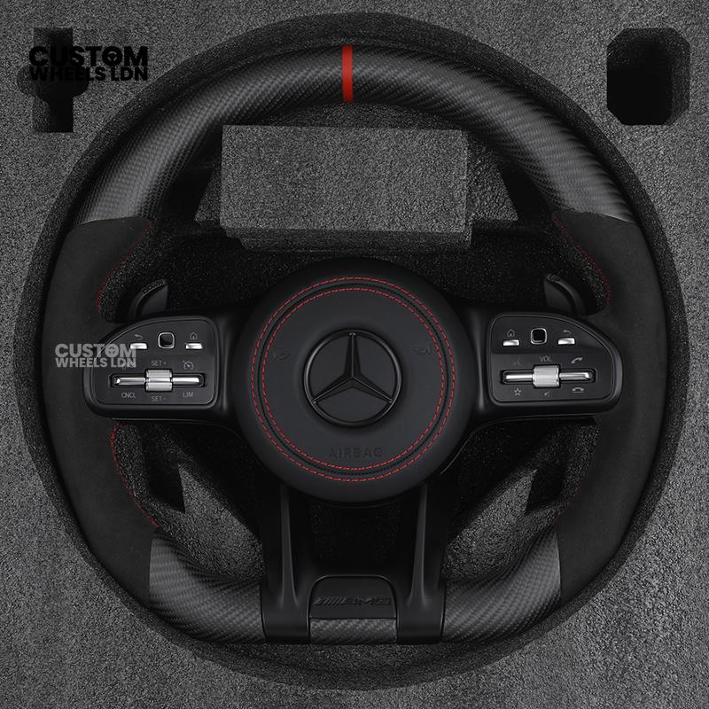 Mercedes Custom AMG Steering Wheel Flat Bottom Alcantara + Satin Carbon | Red Stitching & Marker | Complete Retrofit | Fits C-Class, E-Class, GLC, CLA, GLS, W205, W213, W222 + more