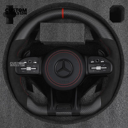 Mercedes Custom AMG Steering Wheel Flat Bottom Alcantara + Satin Carbon | Red Stitching & Marker | Complete Retrofit | Fits C-Class, E-Class, GLC, CLA, GLS, W205, W213, W222 + more