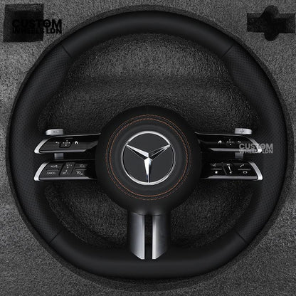 Mercedes Custom W223 Flat Bottom Steering Wheel – Black Leather, Tan Stitching, Silver Trim, Touch Control Buttons | Fits S-Class W223, GLE, GLS, E-Class W213 Facelift + more | Plug & Play | With Airbag | Retrofit Upgrade for Older Models Available