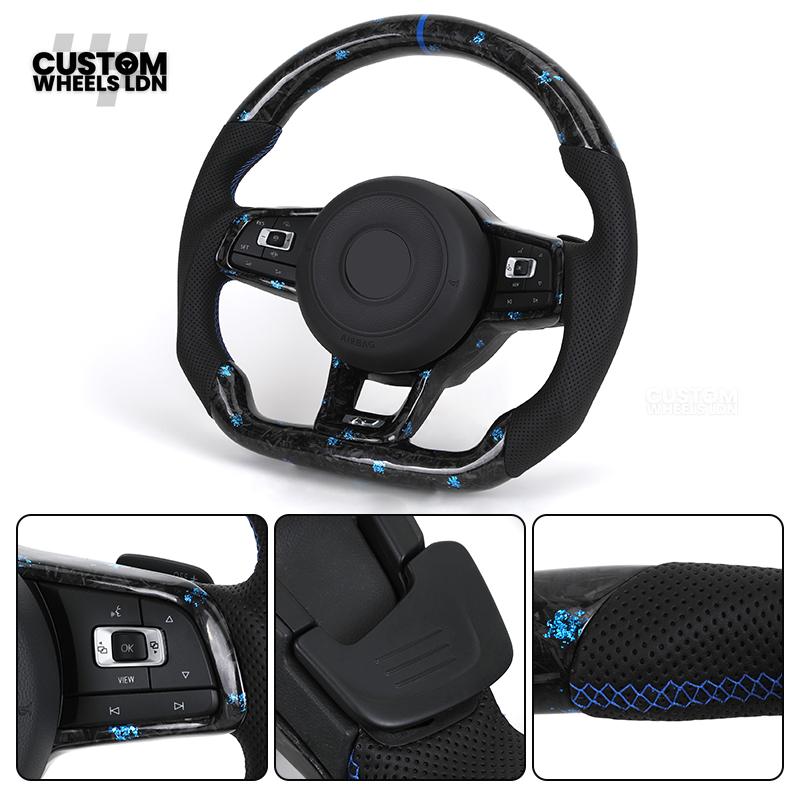 Volkswagen MK7 Custom Steering Wheel – Blue Forged Carbon with Blue Stitching & Stripe, Perforated Leather Grips | Fits Golf GTI, R, Scirocco + more | Plug & Play