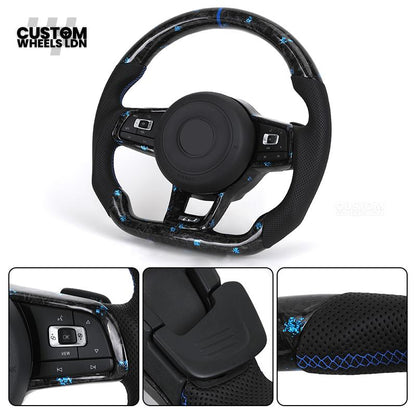 Volkswagen MK7 Custom Steering Wheel – Blue Forged Carbon with Blue Stitching & Stripe, Perforated Leather Grips | Fits Golf GTI, R, Scirocco + more | Plug & Play