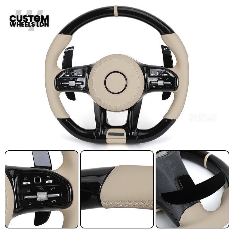 Mercedes Custom Steering Wheel | AMG Style Piano Black with Beige Leather & Stripe | Silver Paddles | Complete Retrofit for Older Models | Fits W205 W204 W212 W213 W218 W207 + more