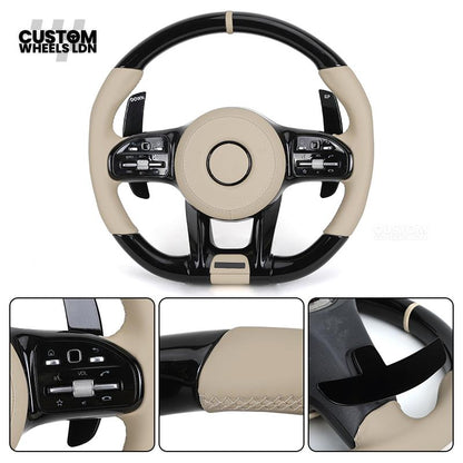 Mercedes Custom Steering Wheel | AMG Style Piano Black with Beige Leather & Stripe | Silver Paddles | Complete Retrofit for Older Models | Fits W205 W204 W212 W213 W218 W207 + more