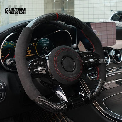 Mercedes Custom AMG Steering Wheel Flat Bottom Alcantara + Carbon Fiber | Red Stitching & Marker | Complete Retrofit | Fits G-Class, C-Class, E-Class, CLA, GLC, GLS, W205, W213 + more
