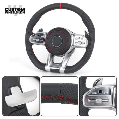 Mercedes Custom AMG Flat Bottom Steering Wheel – Black Leather, Red Stitching, Red Stripe, Silver Trim, Touch Buttons, Silver Paddles, AMG Badge | Fits C-Class, E-Class, CLS, GLC, GLE, G-Class + more | Plug & Play | Retrofit Upgrade for Older Models