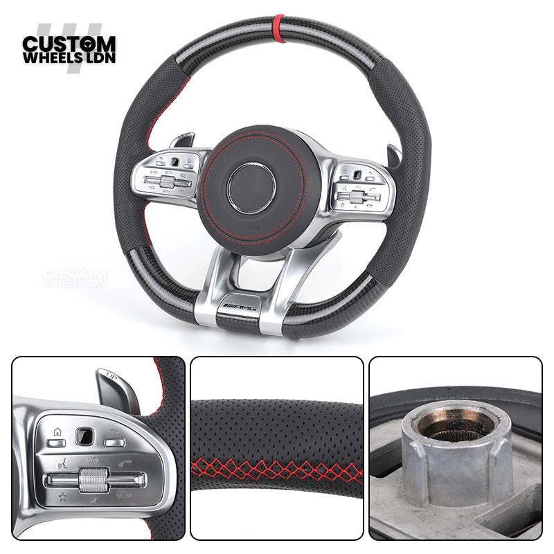 Mercedes Custom Steering Wheel | AMG Style Carbon & Leather | Red Stitching & Center Stripe | Complete Retrofit for Older Models | Fits W204 W212 W218 + more