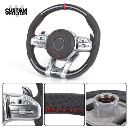 Mercedes Custom Steering Wheel | AMG Style Carbon & Leather | Red Stitching & Center Stripe | Complete Retrofit for Older Models | Fits W204 W212 W218 + more