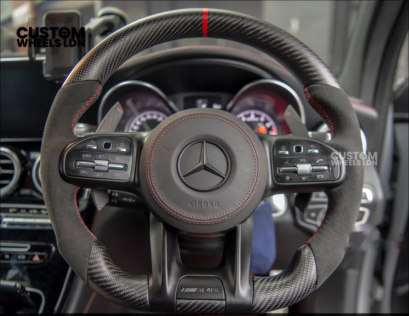 Mercedes Custom AMG Steering Wheel Flat Bottom Alcantara + Satin Carbon | Red Stitching & Marker | Complete Retrofit | Fits C-Class, E-Class, GLC, CLA, GLS, W205, W213, W222 + more