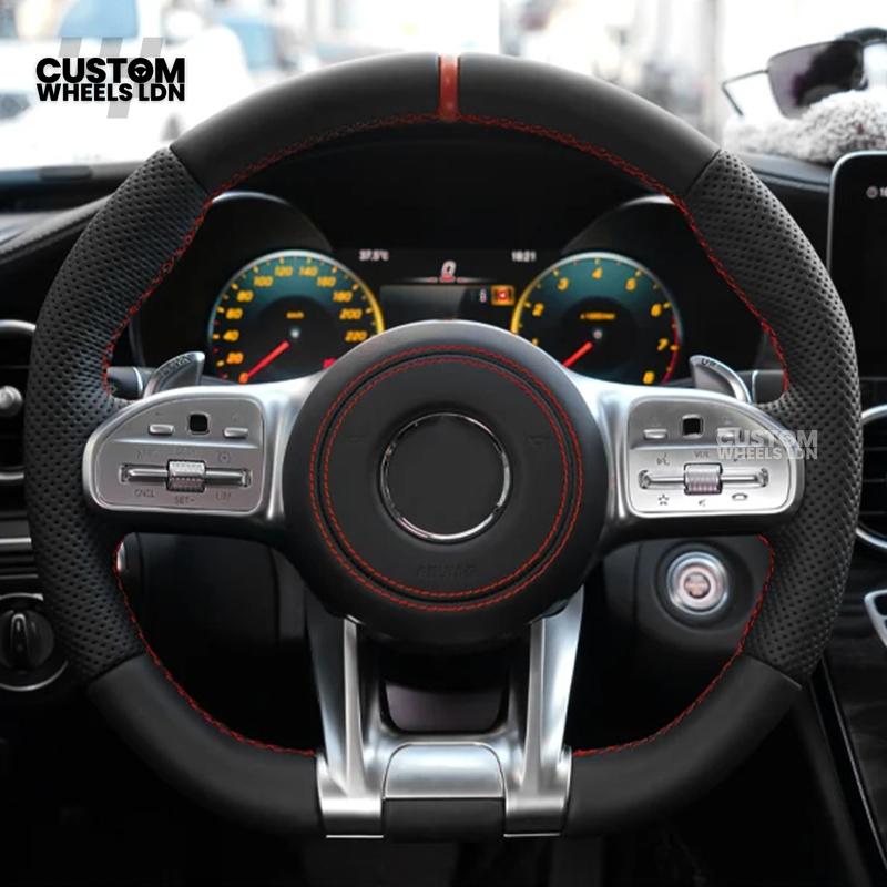 Mercedes Custom AMG Steering Wheel – Silver Trim, Red Race Stripe, Red Stitching, Perforated Leather Grip | Complete Wheel with Airbag | Plug & Play | Retrofit Available for Older Models | Fits C-Class, E-Class, GLC, W205, W213, CLA + More