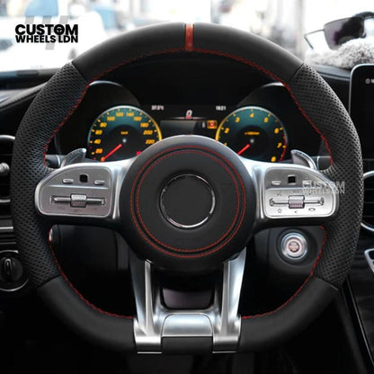Mercedes Custom AMG Steering Wheel – Silver Trim, Red Race Stripe, Red Stitching, Perforated Leather Grip | Complete Wheel with Airbag | Plug & Play | Retrofit Available for Older Models | Fits C-Class, E-Class, GLC, W205, W213, CLA + More