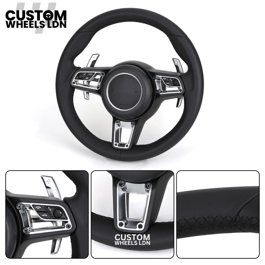 Porsche Custom Black Full Leather Steering Wheel - Fits Most Models: 911, Cayenne, Panamera, Macan, Boxter, Taycan & More