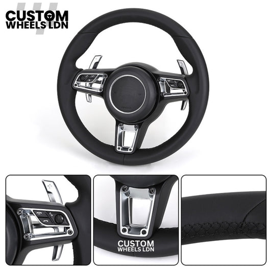 Porsche Custom Black Full Leather Steering Wheel - Fits Most Models: 911, Cayenne, Panamera, Macan, Boxter, Taycan & More