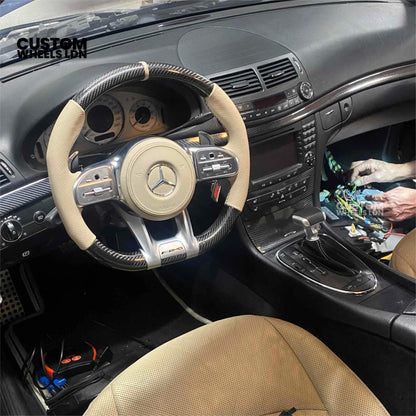Mercedes Custom Steering Wheel | AMG Style Carbon Fibre with Beige Leather & Stripe | Silver Paddles | Complete Retrofit for Older Models | Fits W205 W204 W212 W213 W218 W207 + more
