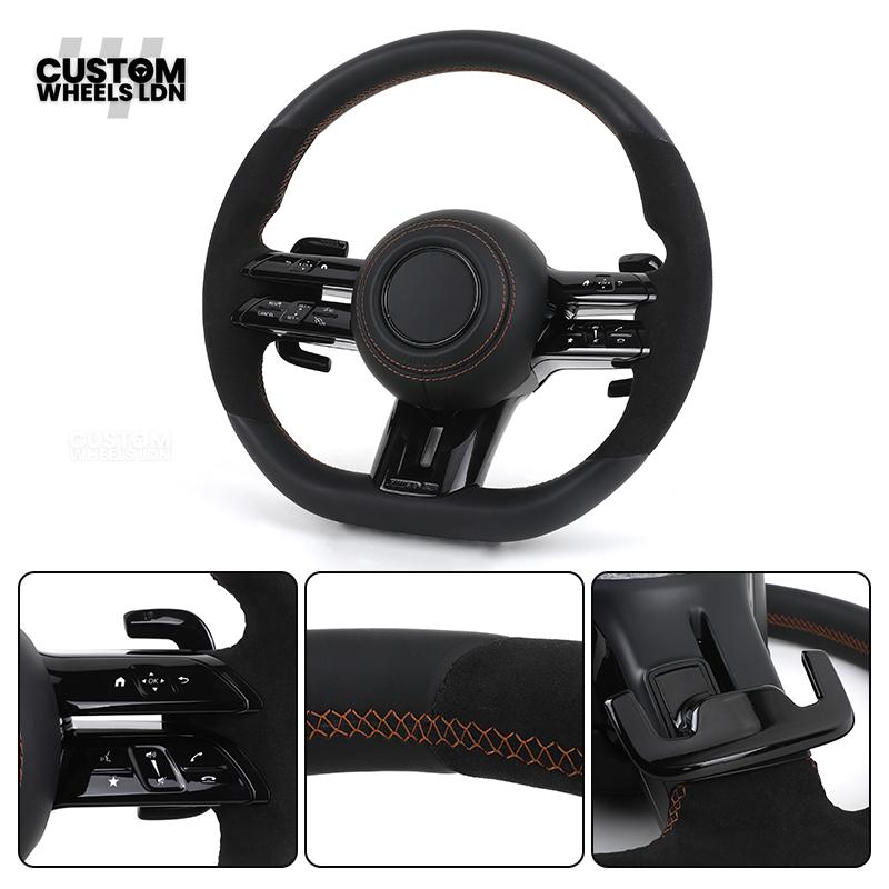 Mercedes Custom W223 AMG Flat Bottom Steering Wheel – Black Leather & Alcantara, Tan Stitching, Gloss Black Trim, Black Badge, Touch Buttons | Fits GLE, GLS, G-Class, W223, S-Class + more | Plug & Play | With Airbag | Upgrade for older models available