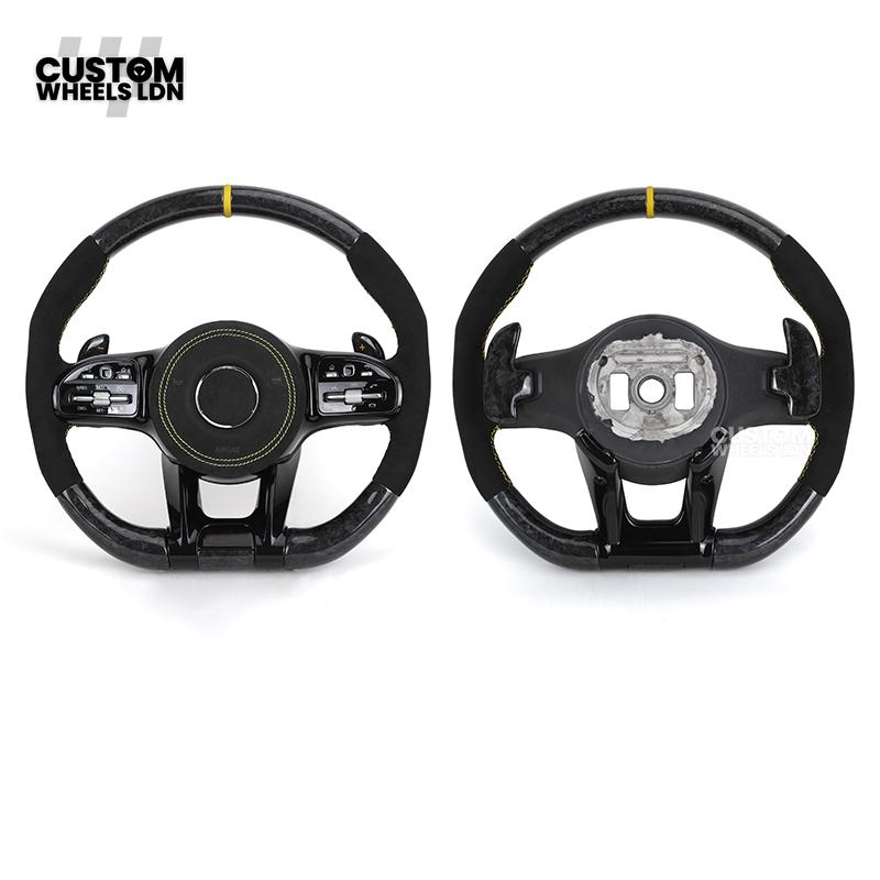 Mercedes Custom AMG Steering Wheel Alcantara & Forged Carbon | Yellow Stitching & Stripe | AMG Edition 1 | Paddle Shifters | Complete Retrofit | Fits GLC, GLE, CLS, E-Class, C-Class, W205, W213 + more